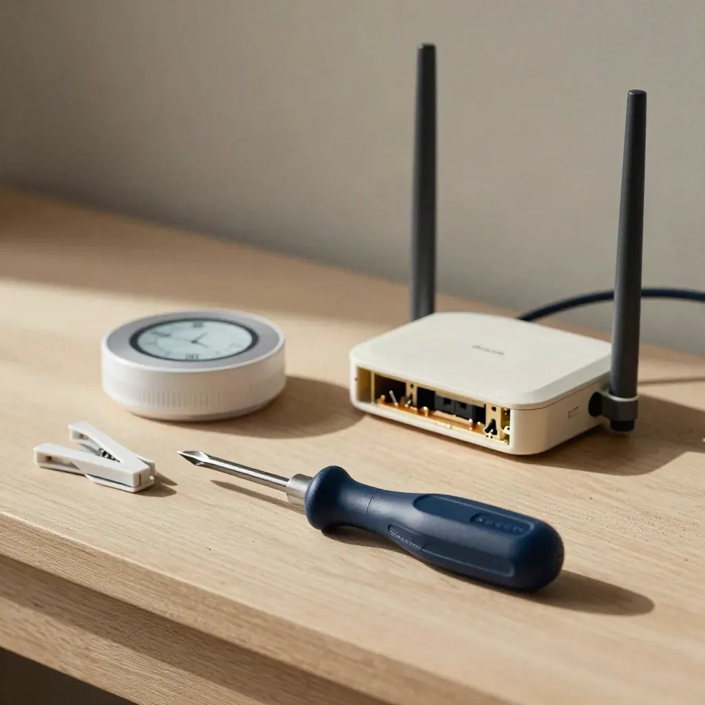 Diagnostic screwdriver, cable clips, thermostat base and router on pale wood in soft side light.