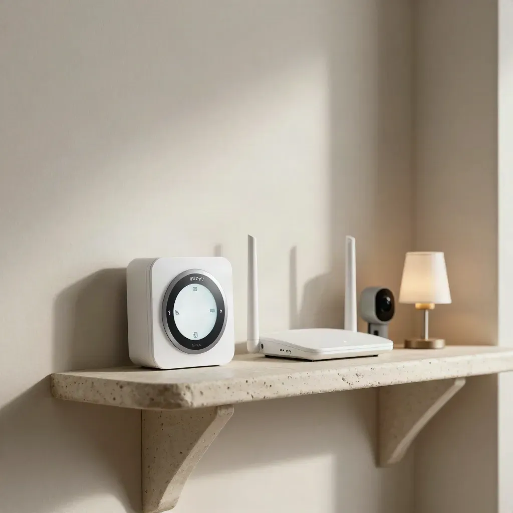 Tidy Nest repair verification setup on a pale shelf with thermostat, router, chime, camera mount, and test lamp.