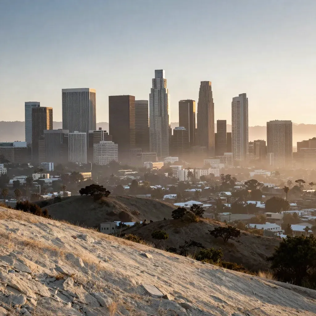 Downtown Los Angeles above Griffith Park in silver dusk haze over a calm basin.
