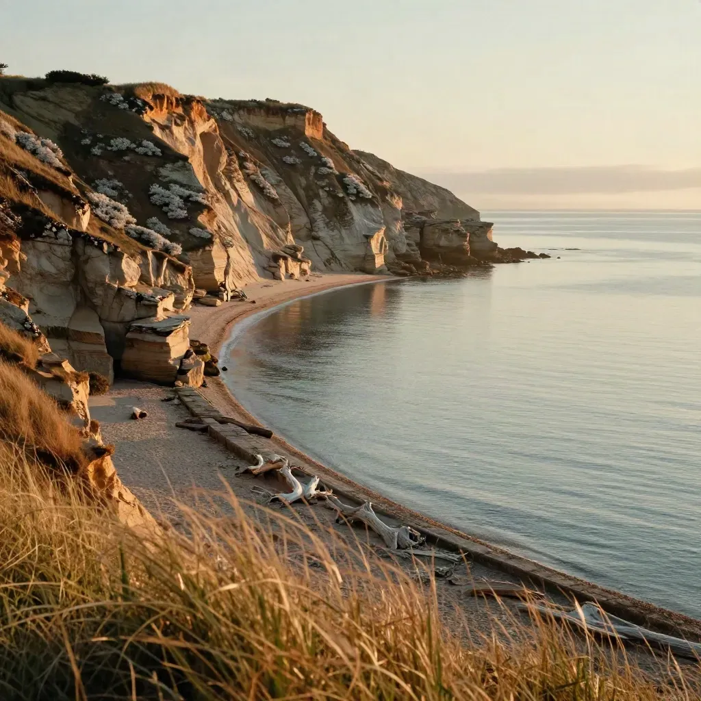 Golden-hour Newport Coast bluffs and harbor edge with calm sea haze and open copy space.