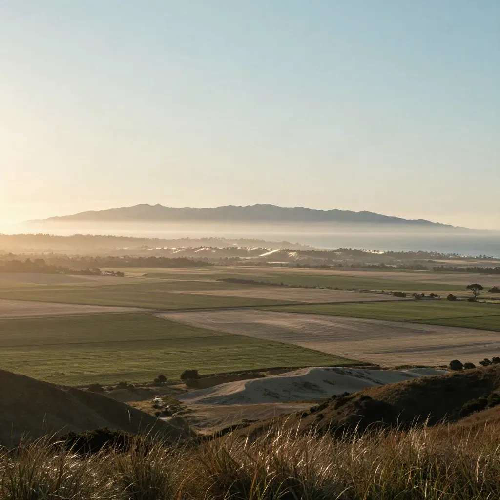 Ventura coastline with Channel Islands silhouettes above a quiet agricultural plain at golden hour