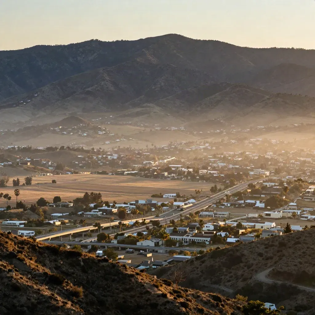 Hazy San Fernando Valley from a hillside, with rooflines, freeway ribbons and mountain ridges.