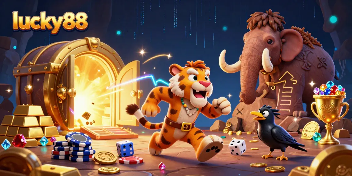 Spin the reels at lucky88 with cavemen and a sabertooth tiger in a vibrant casino scene.