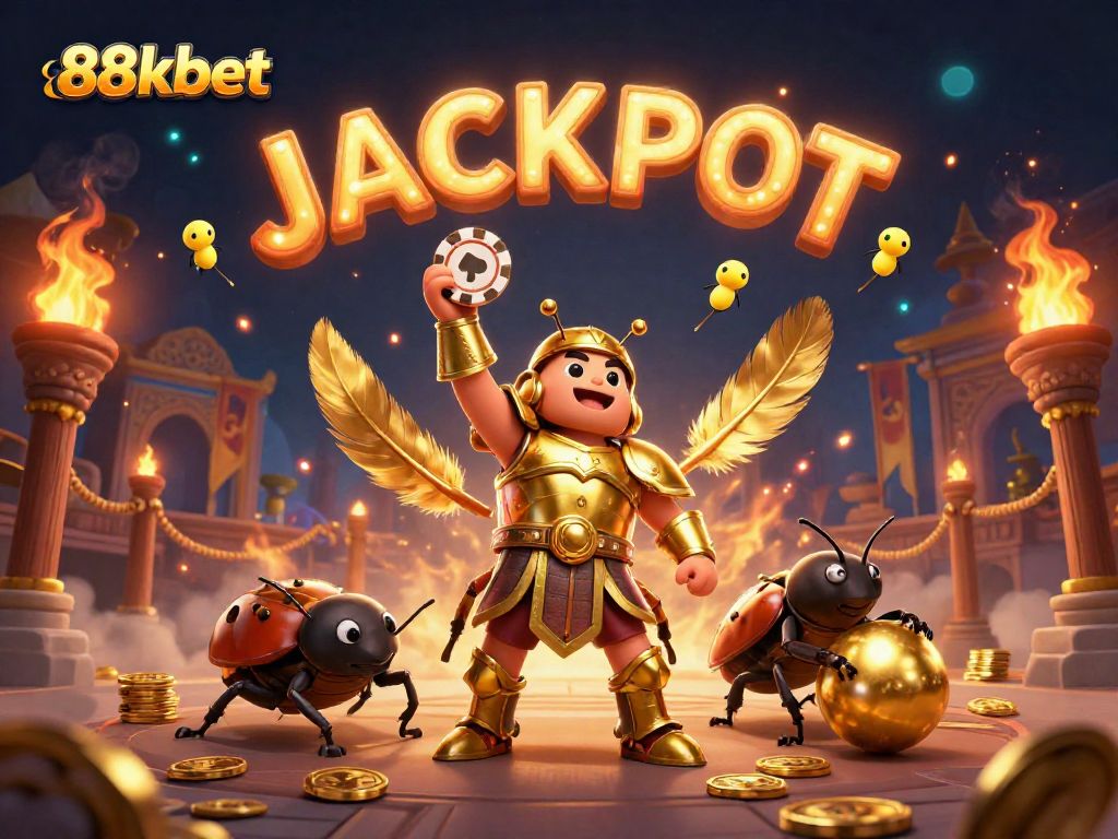 88kbet's hercules beetle celebrates winning with chips in a visually stunning casino scene.