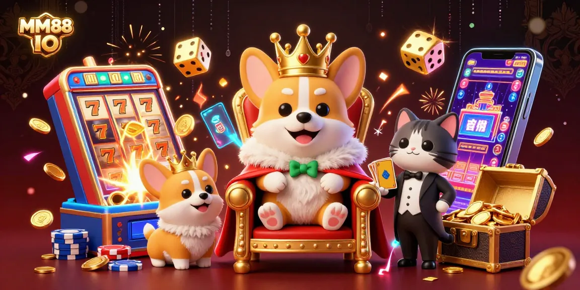 Engage in thrilling gameplay at MM88 IO with exciting slot machines, vibrant corgis, and lavish casino elements.