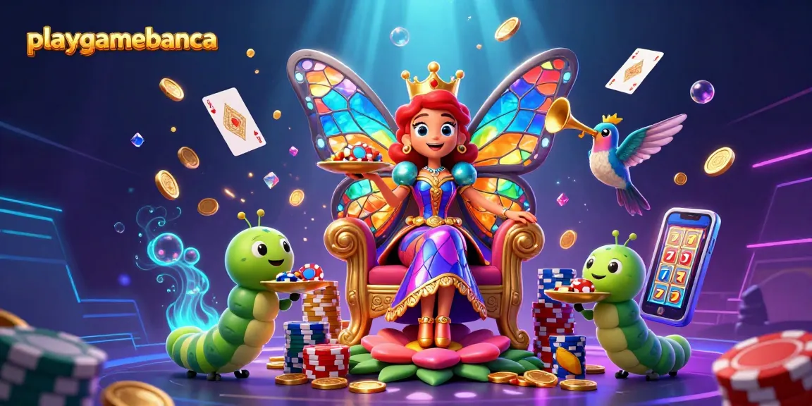 Engage in thrilling gameplay with playgamebanca's vibrant casino experience featuring a butterfly queen amidst sparkling chips.