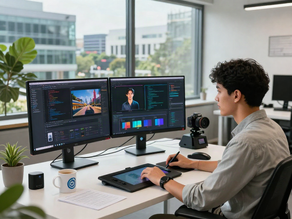 AI Detector workspace with an engineer analyzing AI-generated images on monitors in a modern office setting.