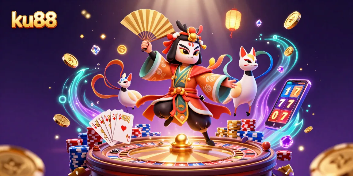 ku88 reveals an exciting casino adventure with kabuki warriors and sparkling game elements.
