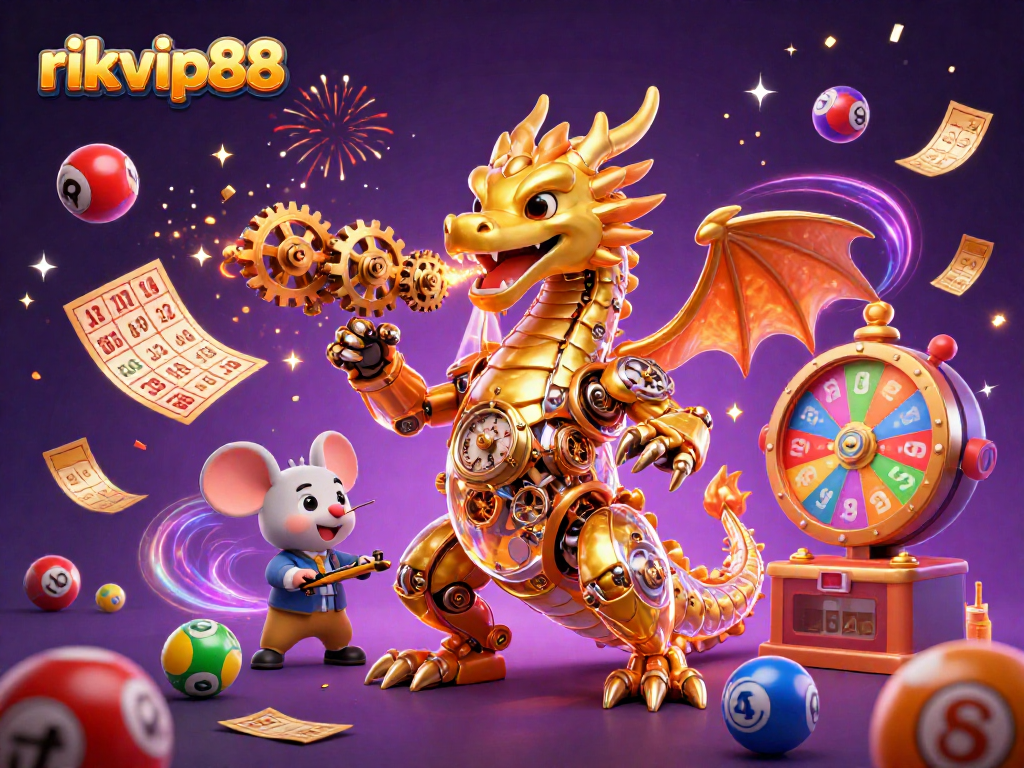 Experience rikvip88 excitement with a golden dragon and thrilling lottery elements in this dynamic illustration.