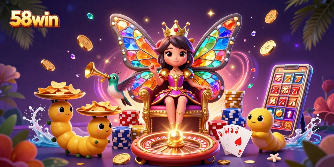 Win big with 58win in a vibrant casino scene featuring a butterfly queen and golden treasures.