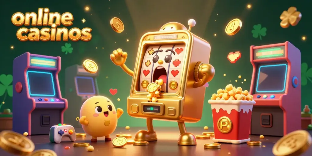 Expressive golden slot machine celebrates a jackpot amidst cheering casino elements, showcasing online casinos excitement.