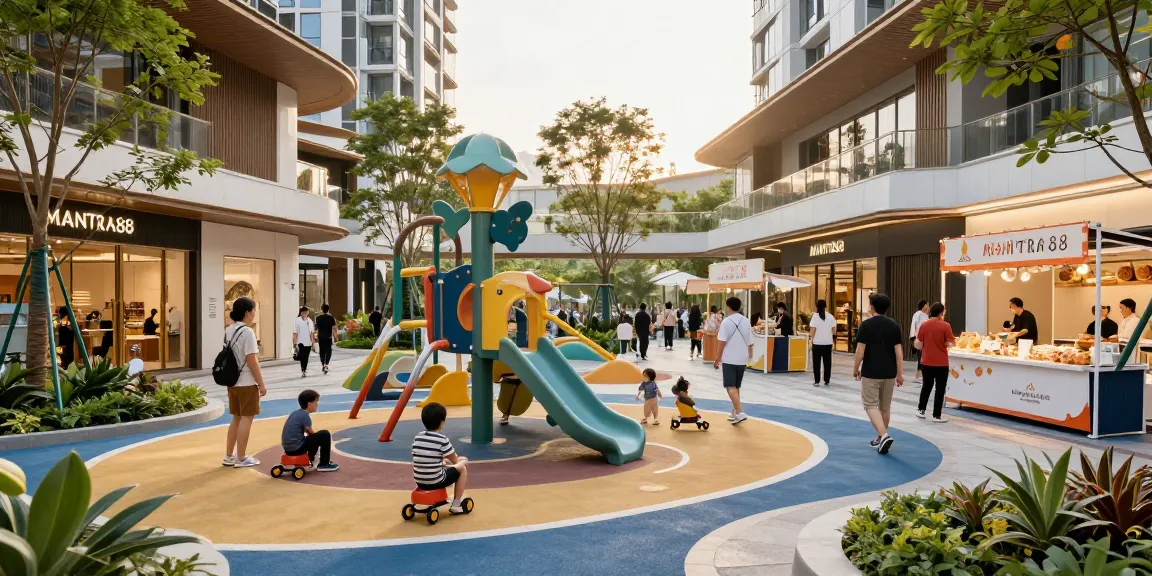 Vibrant community experience at www.mgoldproperties.com showcasing families enjoying the MANTRA88 entertainment hub with modern architecture and various activities.