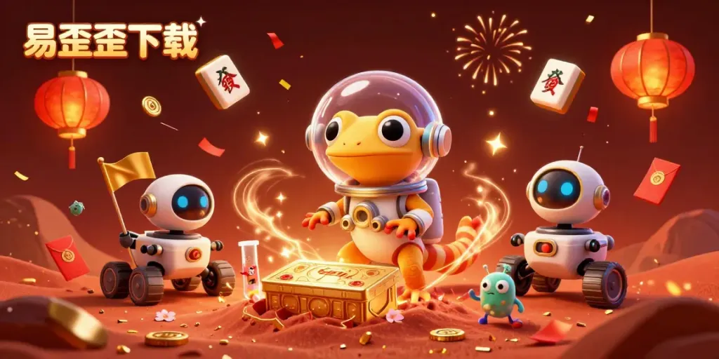 Experience thrilling moments with 易歪歪下载 surrounded by golden casino treasures in a vibrant Martian scene.
