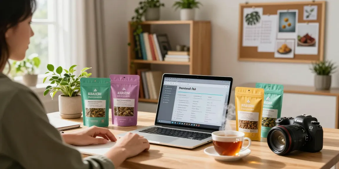 Where to buy kratom products displayed on a stylish home office desk with colorful packaging and a laptop.
