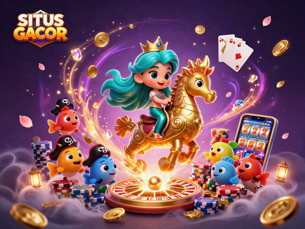 SITUS GACOR showcases a vibrant mermaid princess and seahorse amidst dazzling casino imagery.