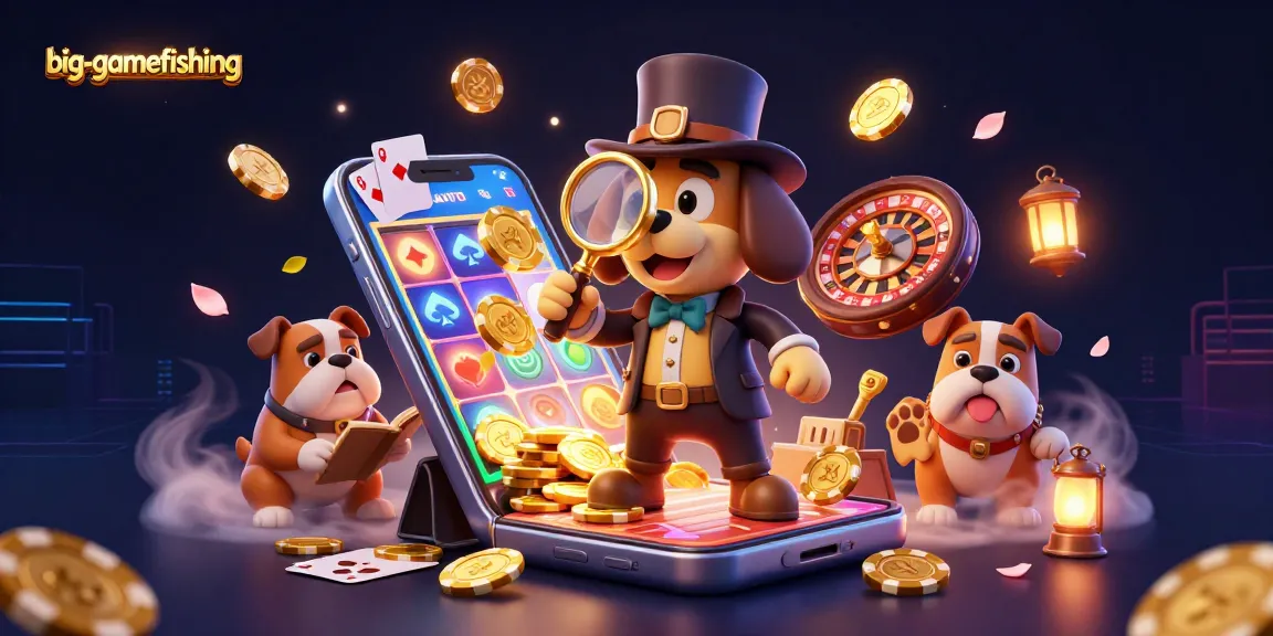 Engage in big-gamefishing with this vibrant illustration of a detective and bulldog amidst colorful slot game elements.