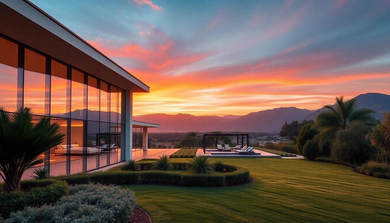 A stunning luxury home showcased amidst elegant gardens and mountains at sunset.