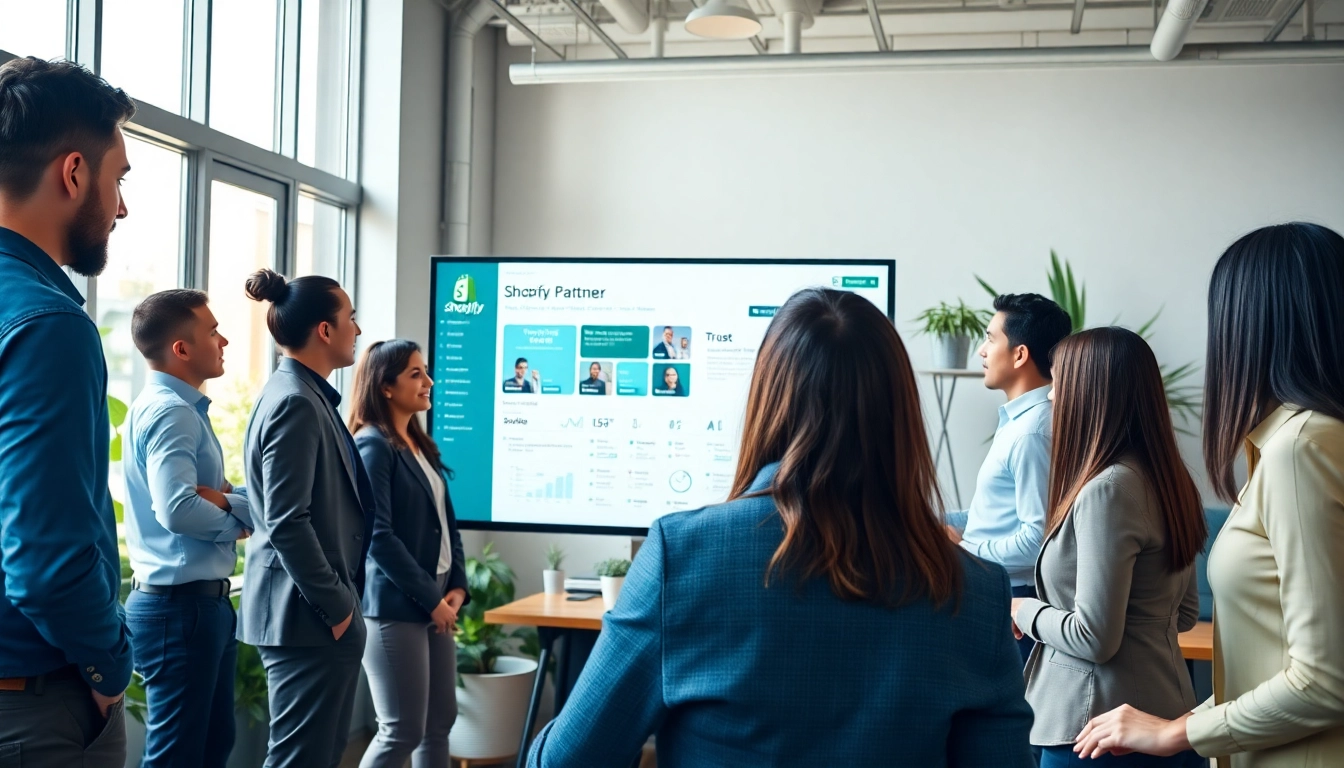 Collaborative professionals discussing strategies as a Shopify Partner agency in a modern office.
