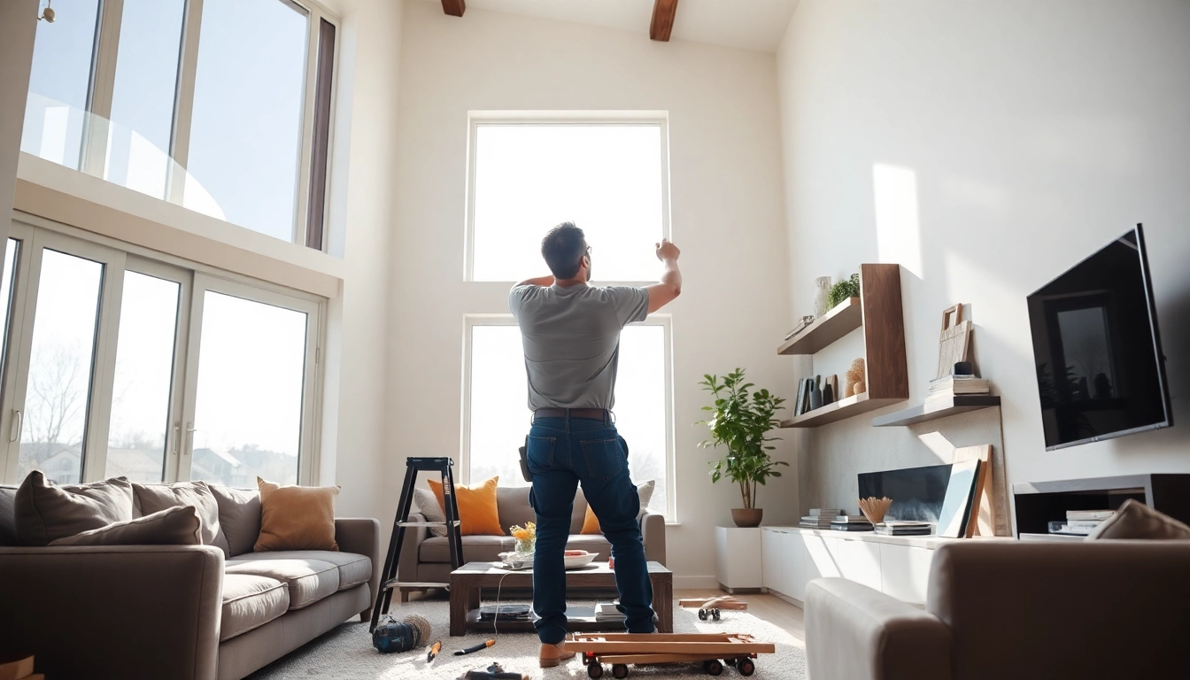 Showcasing a home improvement project with a contractor installing stylish shelving in a well-lit living room.