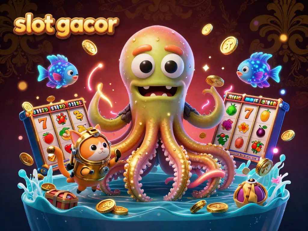 Engage with slot gacor featuring a colossal kraken and diving cat amidst vibrant slot reels and gold coins.