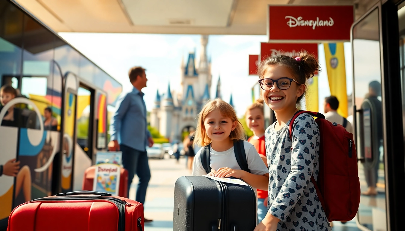 Representing transfers from paris airport to disneyland, a family arrives at Disneyland Paris from an airport shuttle bus.