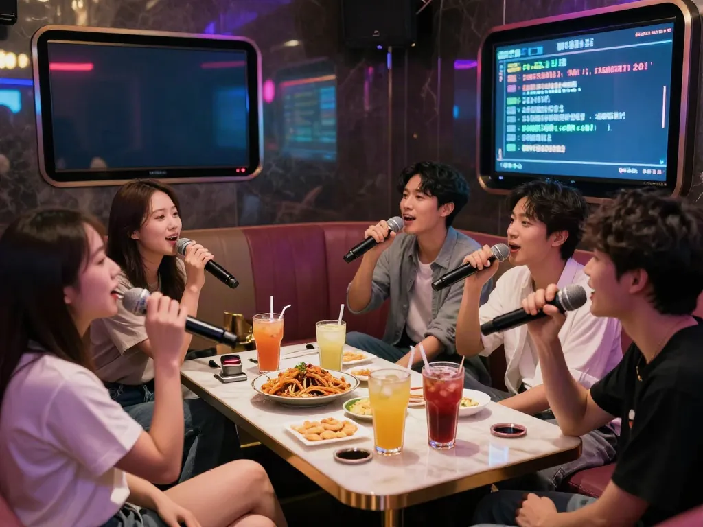 강남 달토에서 친구들과 함께 노래 부르는 모습, 다양한 음료와 스낵이 있는 테이블.