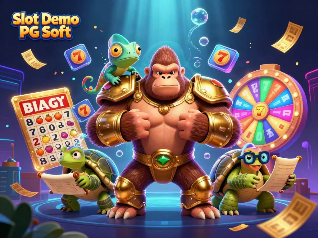 Experience the thrill of Slot Demo PG Soft with a vibrant 3D illustration featuring dynamic casino elements.