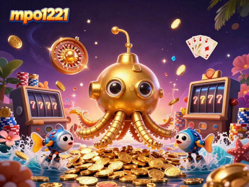 Win big at mpo1221 with vibrant casino themed elements and a dynamic golden kraken.