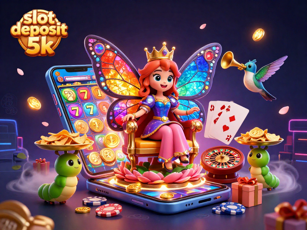 Feature vibrant slot deposit 5k gameplay amidst colorful butterflies and dynamic casino elements.