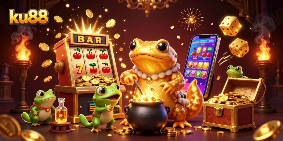 ku88 explores a golden world of slots, coins, and alchemy in a vibrant 3D casino scene.
