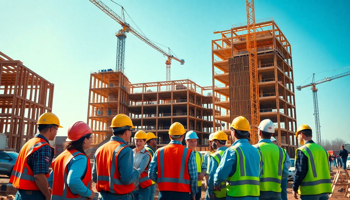 Workers collaborating on a construction site in the USA, showcasing teamwork and progress.