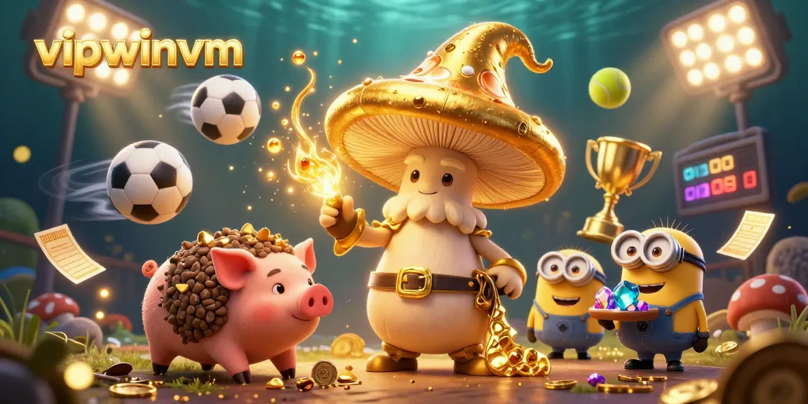 Engage with vipwinvm's exciting 3D cartoon scene filled with sports betting action and treasure.