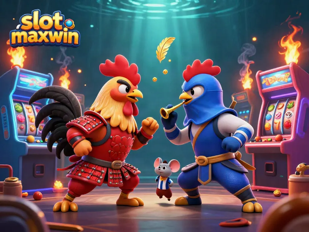 Experience the thrilling action of slot maxwin with duel between mighty rooster warriors in an immersive casino setting.
