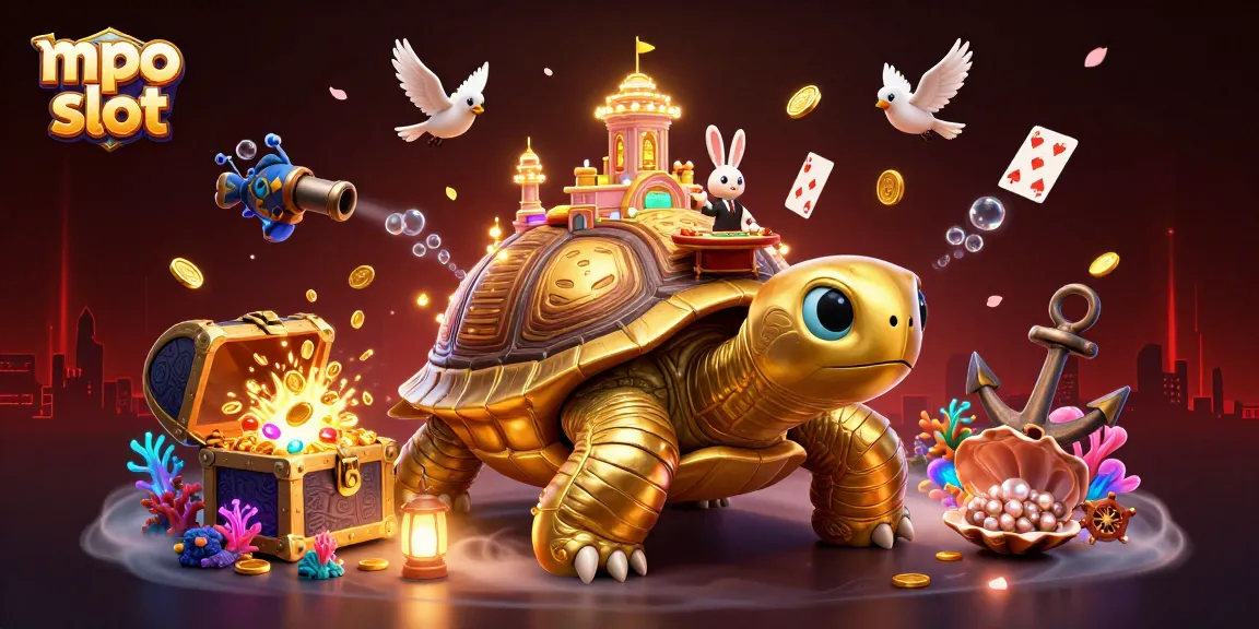 Engage with mpo slot through a vibrant scene of a golden tortoise casino and a rabbit dealer surrounded by treasure and cards.