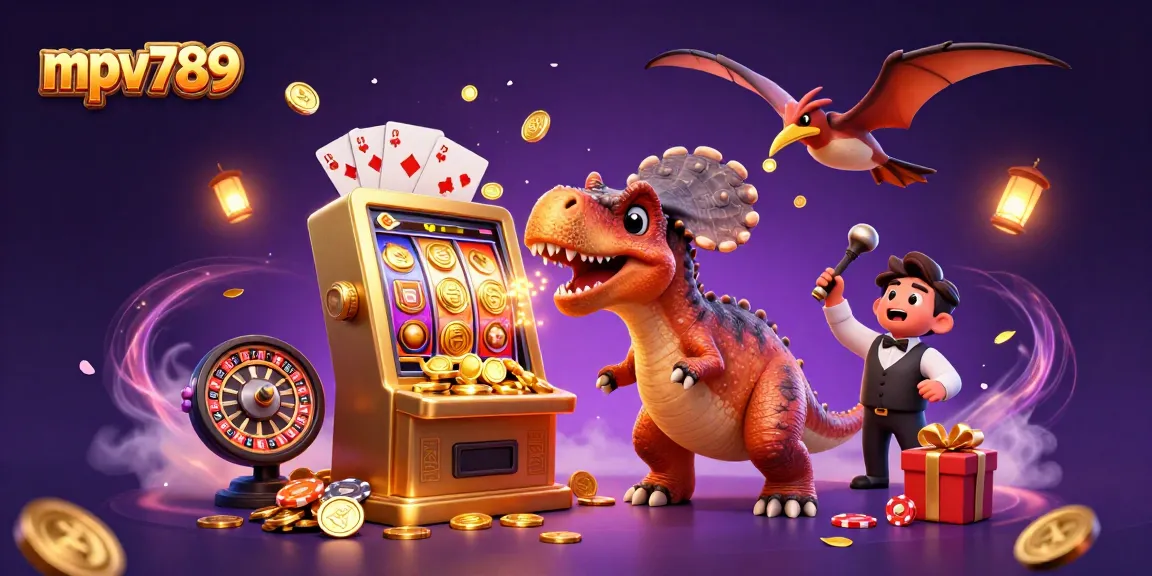 Experience thrilling jackpots with mpv789: A pachycephalosaurus, a slot machine, and coins flying!