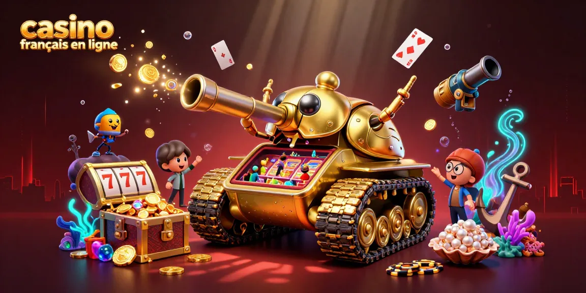 Casino français en ligne, illustration dynamique avec un tank doré et un mini-casino sous-marin explosant de pièces d'or.