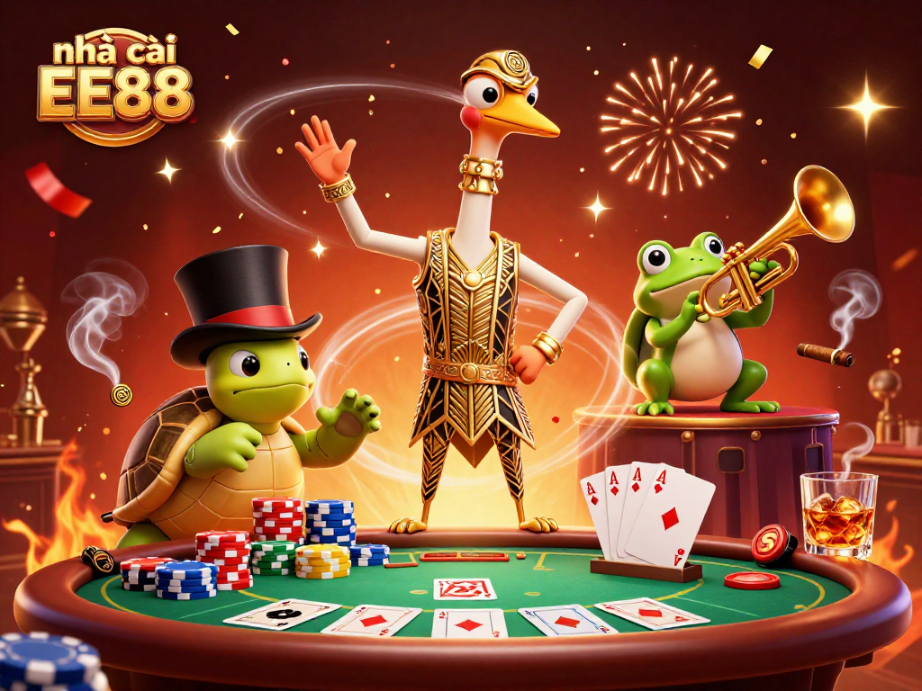 Join nhà cái EE88 for an exciting poker night with a stylish 3D casino scene featuring lively characters.
