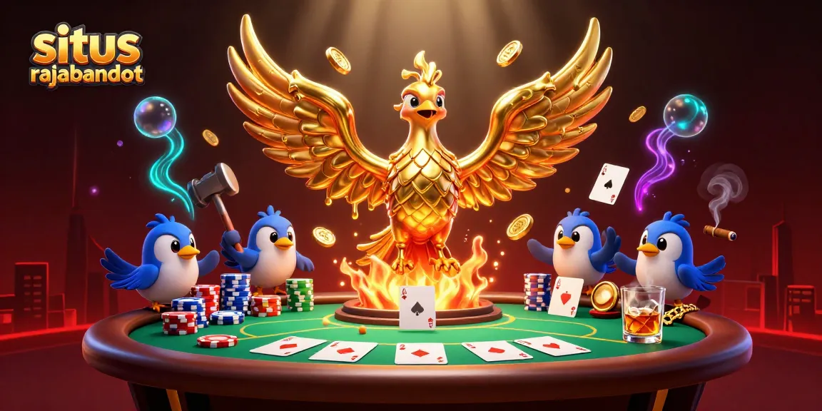 Experience the excitement of situs rajabandot with a golden phoenix and poker elements in a vibrant scene.