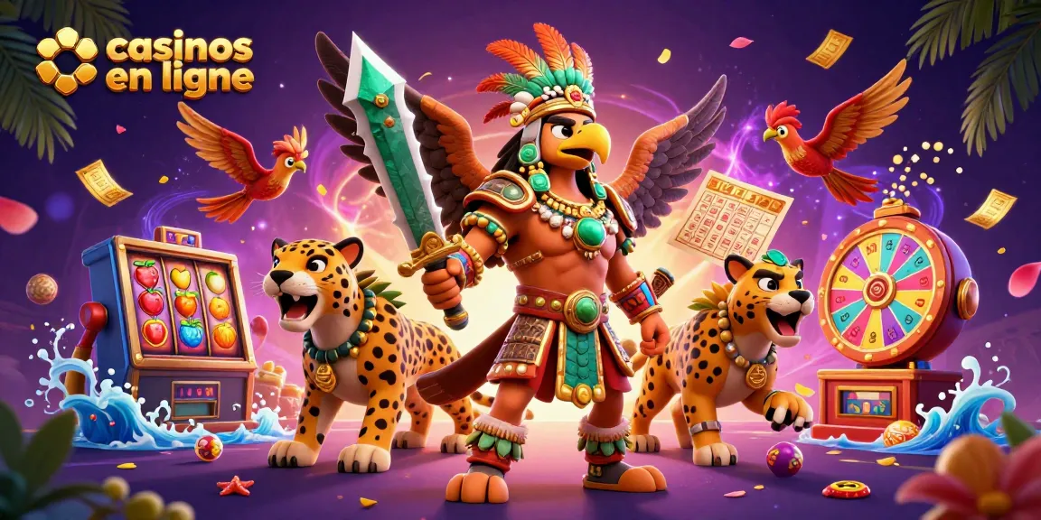 Participez aux casinos en ligne avec une scène de jeu animée mettant en avant des héros azteques.
