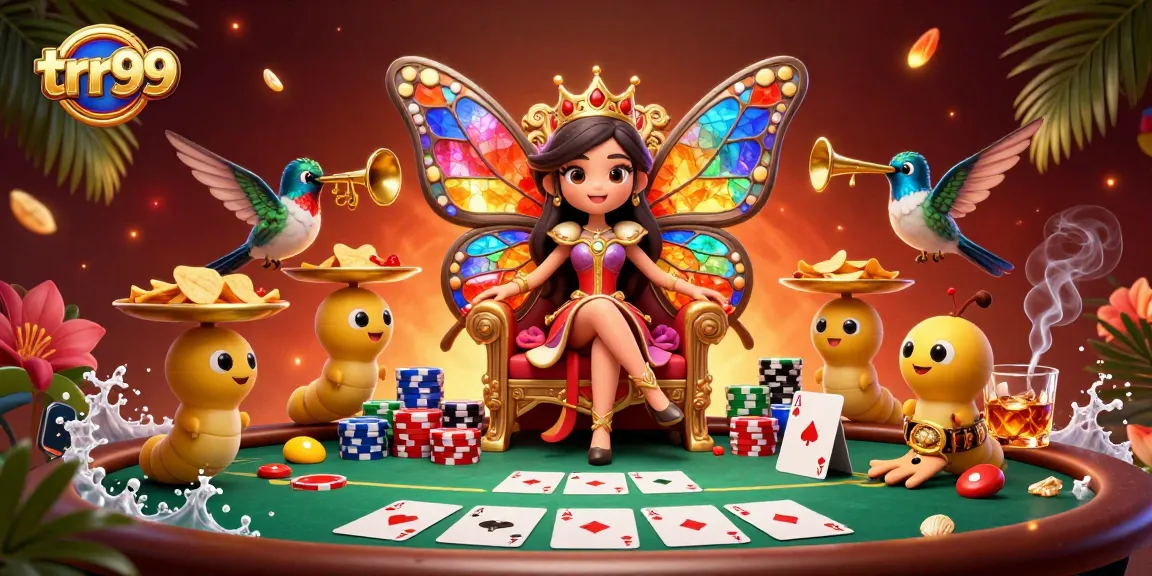 Experience the thrill of trr99 casino with our visually rich illustration featuring a butterfly queen amidst vibrant poker elements.