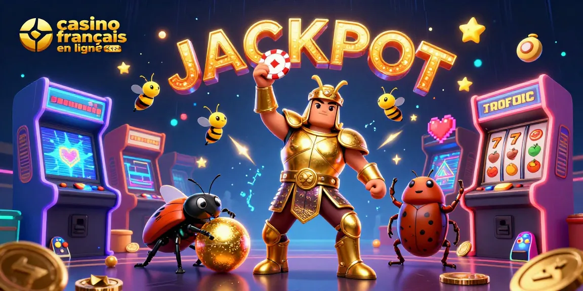 Gagnez avec le meilleur casino français en ligne grâce à une illustration dynamique d'un scarabée en armure en train de célébrer.