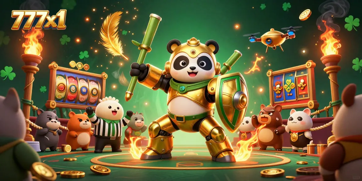 Experience thrilling gameplay at 777x1 with a colorful, dynamic casino scene of mech battle.