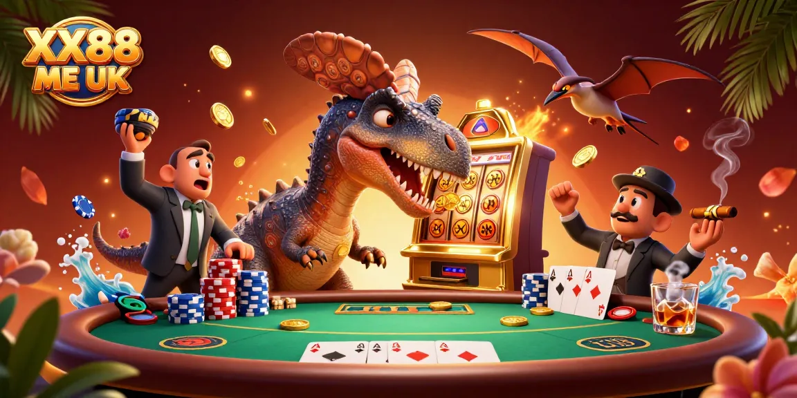 Experience the excitement at XX88 ME UK with a slot machine jackpot and animated casino characters!