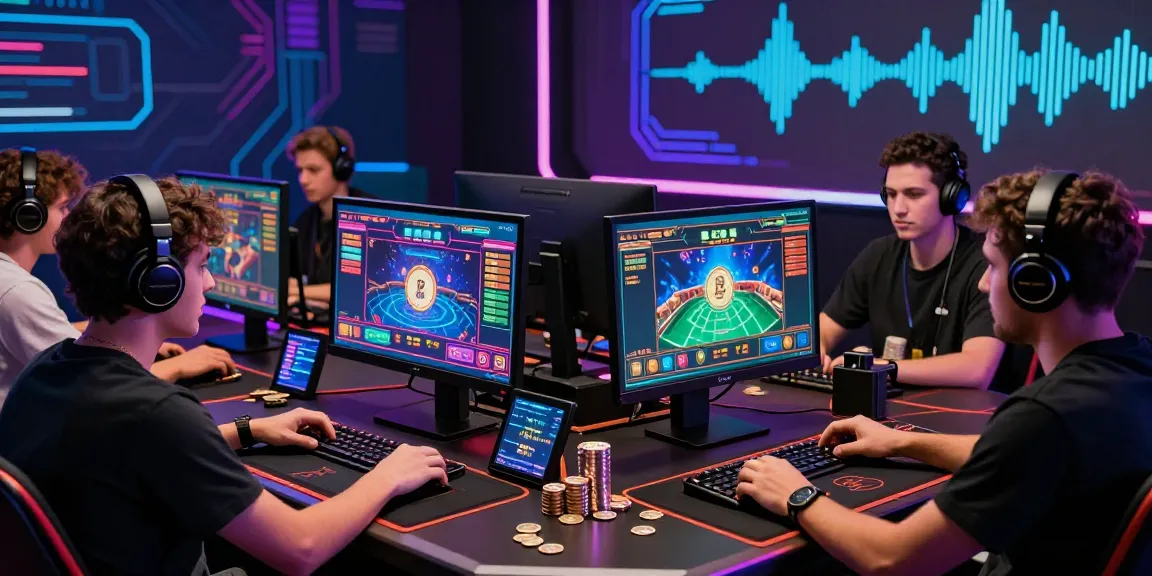 Engaging scene of a crypto casino with players enjoying online games, showcasing innovative technology and vibrant atmosphere.