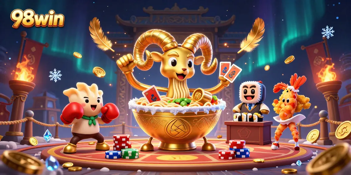 Join the excitement at 98win with dynamic casino characters and vibrant betting action in a 3D illustration.