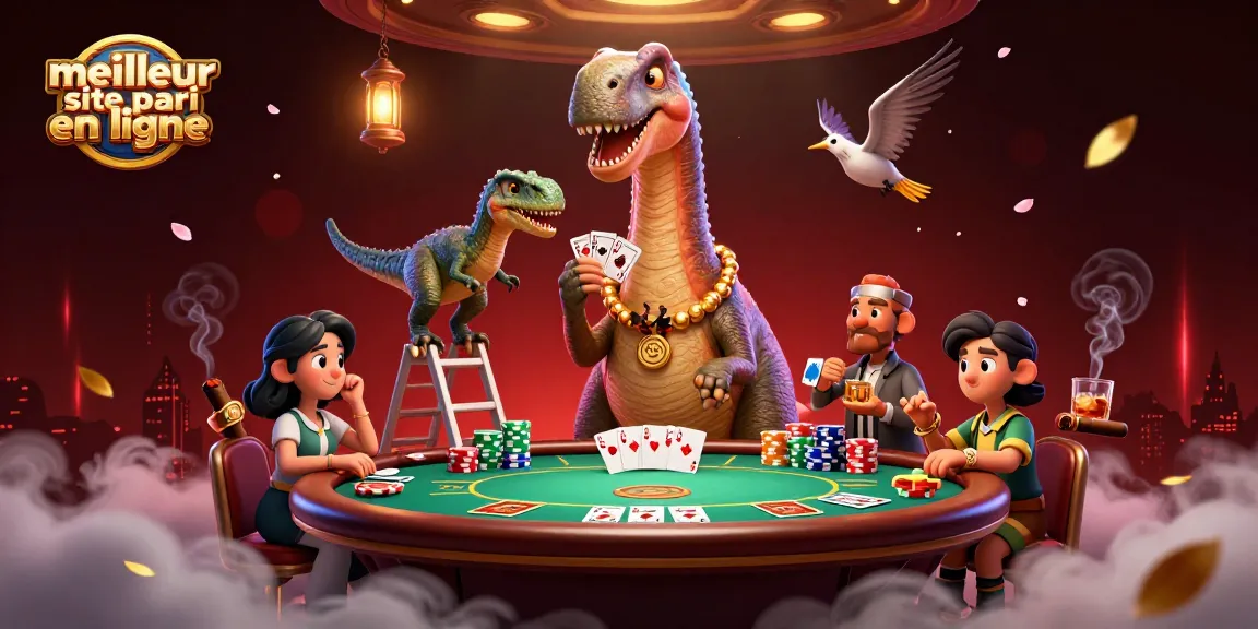 Illustration d'un brontosaurus et un raptor dans un casino, meilleur site de paris en ligne en action.
