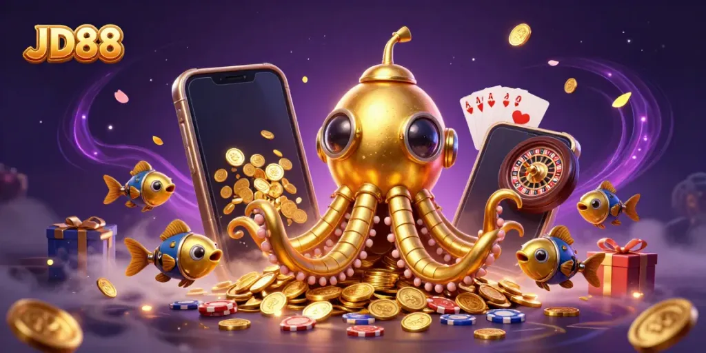 Immerse in JD88’s exciting world of gambling with a golden kraken submarine surrounded by coins and gaming elements.