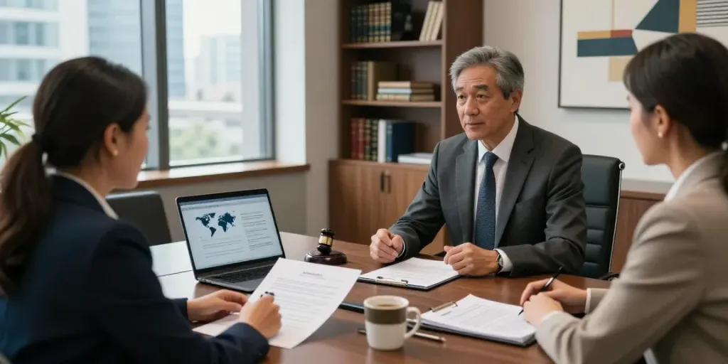 Legal consultation at Lead Roedl’s office, showcasing advisor-client interaction in a modern conference room.