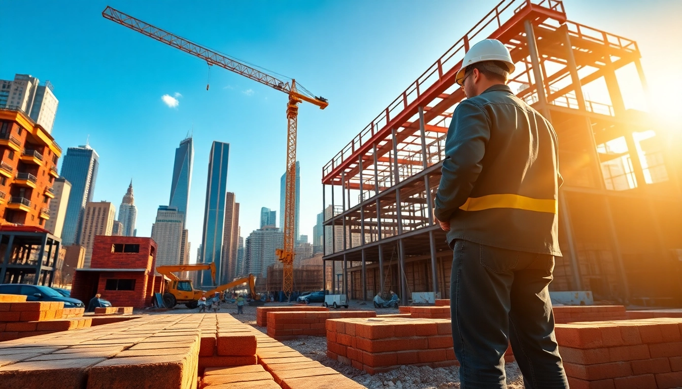 New York Commercial General Contractor supervising construction with vibrant urban scenery.