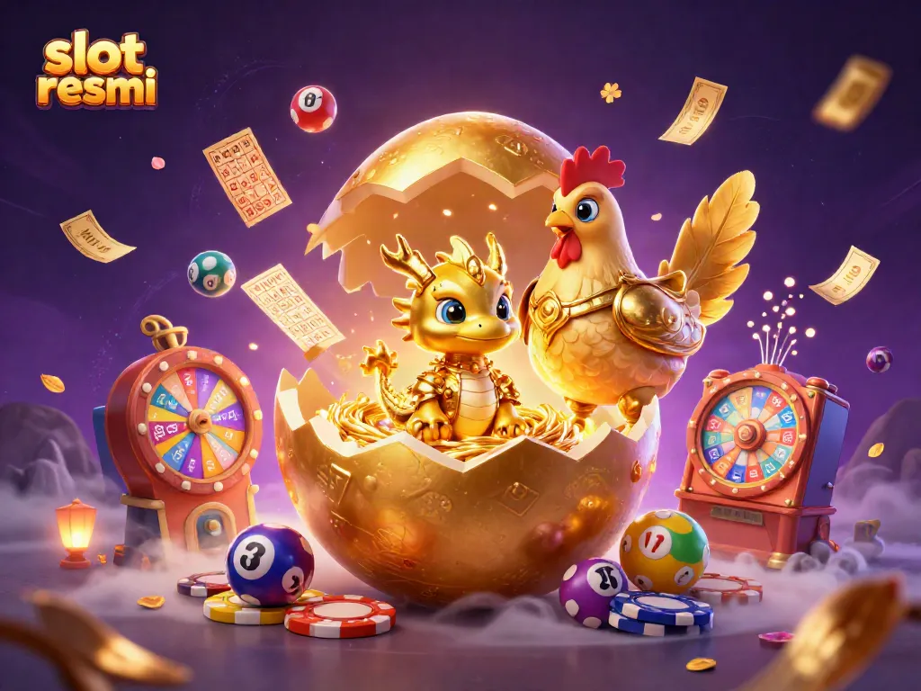 Experience the thrill of slot resmi with a dazzling golden dragon nestled on poker chips, amidst vibrant casino elements.